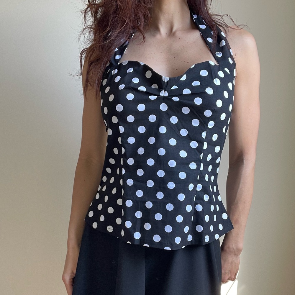Retro Black & White Polka Dot Halter Top – Cotton, Side Zip, US Small